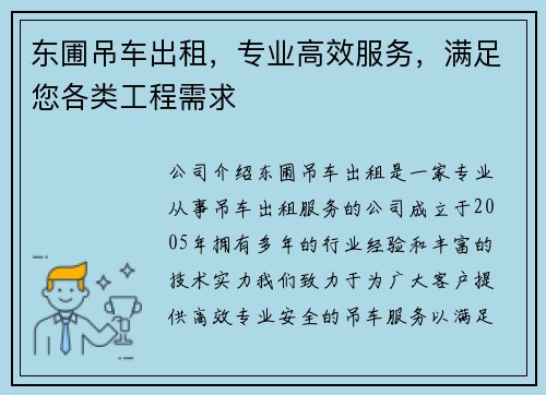 东圃吊车出租，专业高效服务，满足您各类工程需求